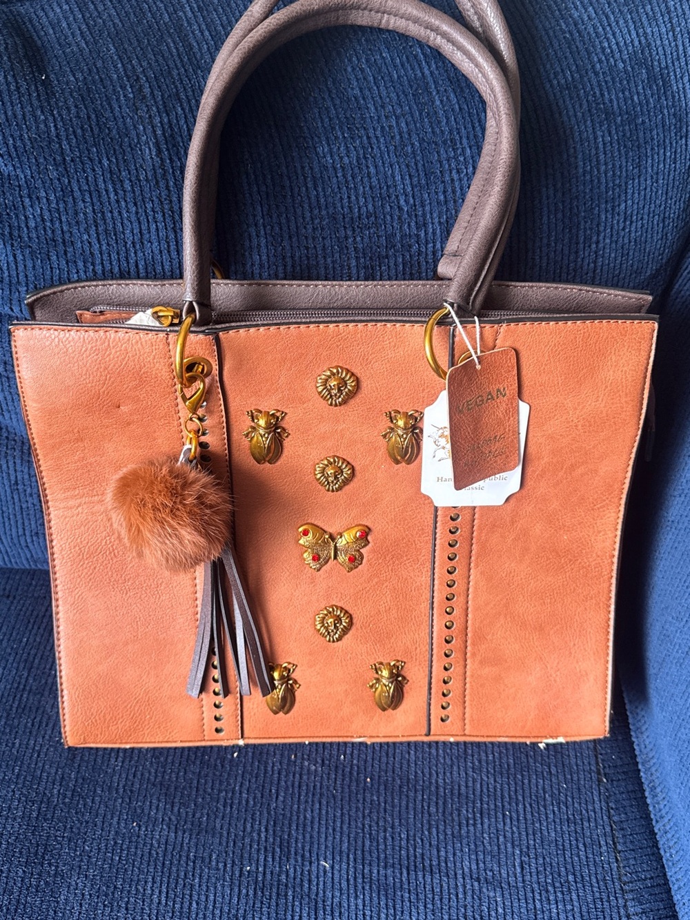 Stylish Orange Vegan Tote Handbag with Gold Accents